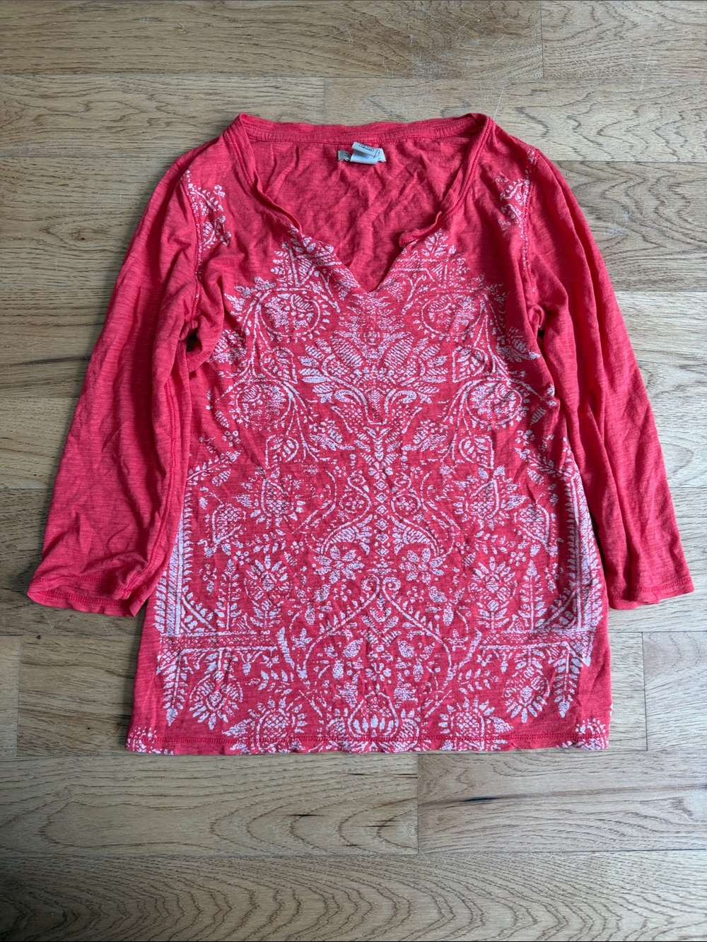 Lucky Brand Red V-Neck Long Sleeve Printed Tunic